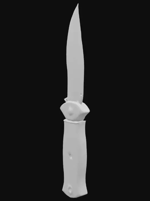 3D model for A compact survival knife, approximately 7 inches long, featuring a sturdy, fixed blade crafted from durable steel. The blade displays a metallic grey color with subtle, irregular streaks of light reddish-brown, indicating minimal, superficial oxidation rather than heavy rust. Its texture is mostly smooth, with a slight, almost imperceptible grit in the affected areas. The handle is made of dark, polished wood, revealing a fine grain, providing a firm, comfortable grip. The knife feels solid and balanced, reflecting its robust, functional design for outdoor tasks.