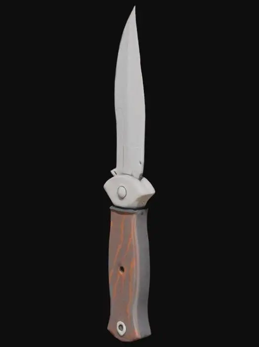 3D model for A compact survival knife, approximately 7 inches long, featuring a sturdy, fixed blade crafted from durable steel. The blade displays a metallic grey color with subtle, irregular streaks of light reddish-brown, indicating minimal, superficial oxidation rather than heavy rust. Its texture is mostly smooth, with a slight, almost imperceptible grit in the affected areas. The handle is made of dark, polished wood, revealing a fine grain, providing a firm, comfortable grip. The knife feels solid and balanced, reflecting its robust, functional design for outdoor tasks.
