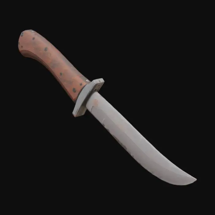 3D model for A compact survival knife, approximately 7 inches long, featuring a sturdy, fixed blade crafted from durable steel. The blade displays a metallic grey color with subtle, irregular streaks of light reddish-brown, indicating minimal, superficial oxidation rather than heavy rust. Its texture is mostly smooth, with a slight, almost imperceptible grit in the affected areas. The handle is made of dark, polished wood, revealing a fine grain, providing a firm, comfortable grip. The knife feels solid and balanced, reflecting its robust, functional design for outdoor tasks.
