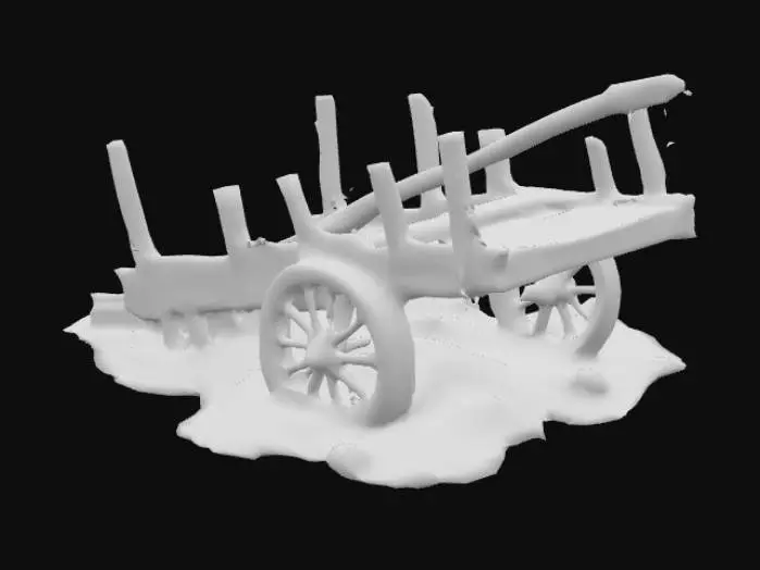 3D model for An ancient Indian-style war chariot, lying sideways and heavily damaged on a battlefield. A rectangular wooden base with cracked planks and splintered beams, one spoked wheel detached in the dirt, the other half-buried. The long front yoke pole is broken and bent, side railings shattered with jagged wood sticking out. The wood is rough, dusty, scorched with burn marks, and reinforced with rusted metal rims and nails. Loose ropes and broken ornaments hang from the frame. Overall destroyed, war-torn, and half-buried in rubble and mud. #PBR#