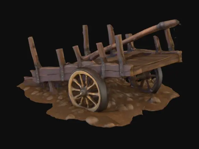3D model for An ancient Indian-style war chariot, lying sideways and heavily damaged on a battlefield. A rectangular wooden base with cracked planks and splintered beams, one spoked wheel detached in the dirt, the other half-buried. The long front yoke pole is broken and bent, side railings shattered with jagged wood sticking out. The wood is rough, dusty, scorched with burn marks, and reinforced with rusted metal rims and nails. Loose ropes and broken ornaments hang from the frame. Overall destroyed, war-torn, and half-buried in rubble and mud. #PBR#