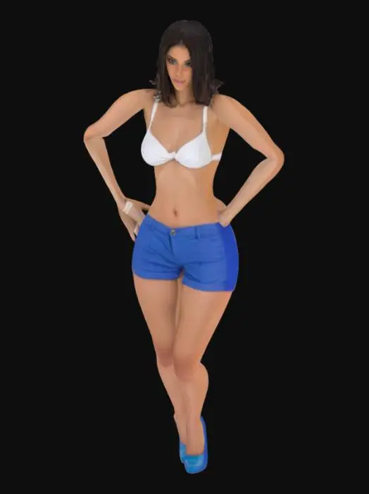 3D model for female in a white bikini top and shorts, with blue shorts. T-pose. Wearing high heal shoes.