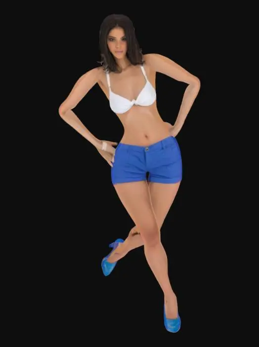 3D model for female in a white bikini top and shorts, with blue shorts. T-pose. Wearing high heal shoes.