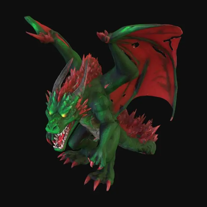 3D model for A giant kryptonite dragon with huge, jagged fangs. It is green, black, and red. It is haunting and menacing. It is terrifying.