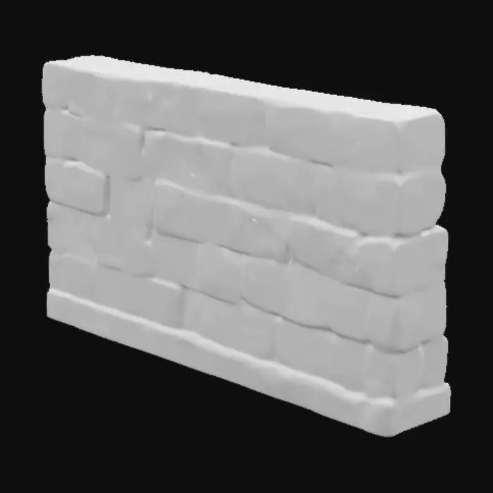 3D model for A dark, aged concrete basement wall with a modular design, featuring heavy grime, dirt, and moisture stains. The surface is cracked and chipped, revealing rough, uneven edges and patches of exposed aggregate. The concrete has subtle variations in texture, with some areas appearing smoother while others are rough and pitted. Moss and mildew creep into the cracks, adding a damp and eerie feel. Rusty metal reinforcements or old, corroded bolts protrude from the surface;