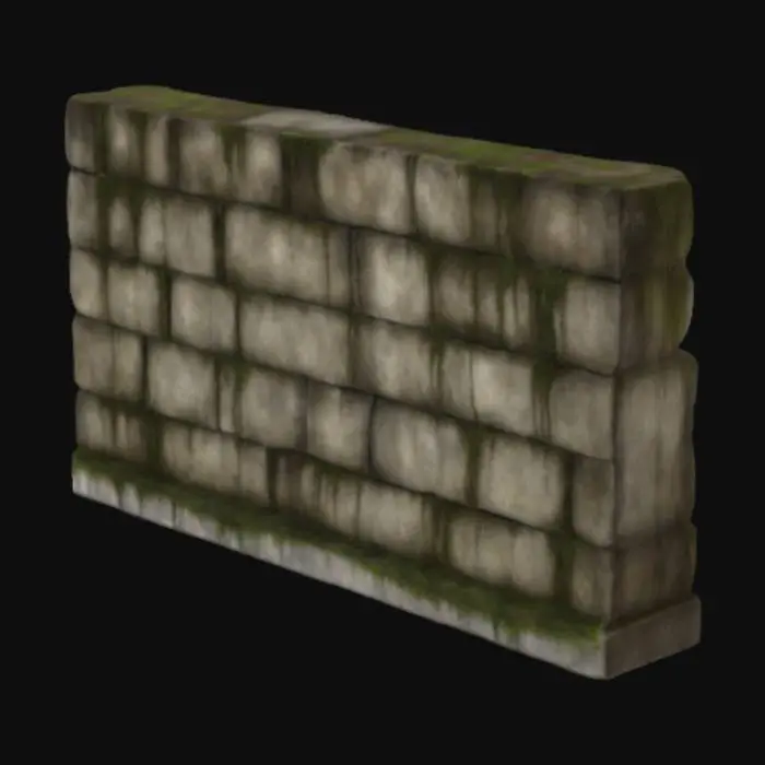 3D model for A dark, aged concrete basement wall with a modular design, featuring heavy grime, dirt, and moisture stains. The surface is cracked and chipped, revealing rough, uneven edges and patches of exposed aggregate. The concrete has subtle variations in texture, with some areas appearing smoother while others are rough and pitted. Moss and mildew creep into the cracks, adding a damp and eerie feel. Rusty metal reinforcements or old, corroded bolts protrude from the surface;