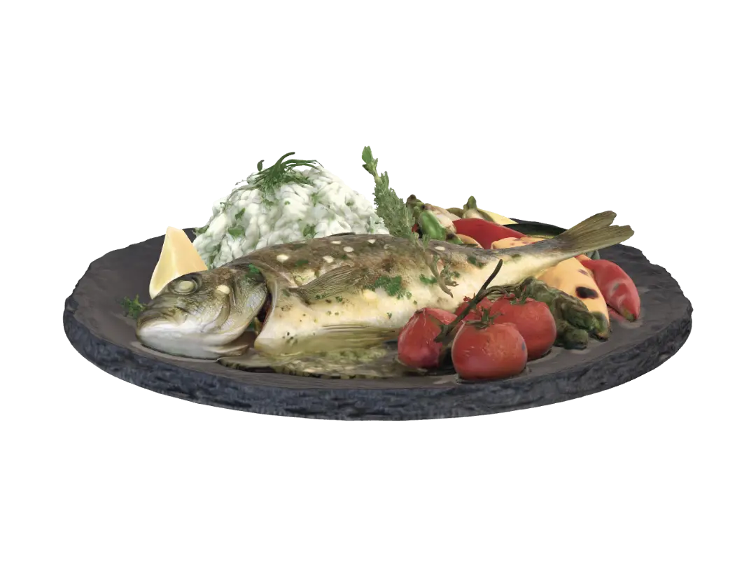 realistic Fish plate - Rice 3D model, vytvořený pomocí AI