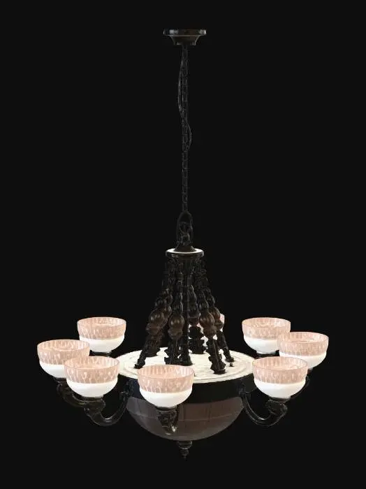 3D model for Ornate chandelier under a wood-paneled ceiling