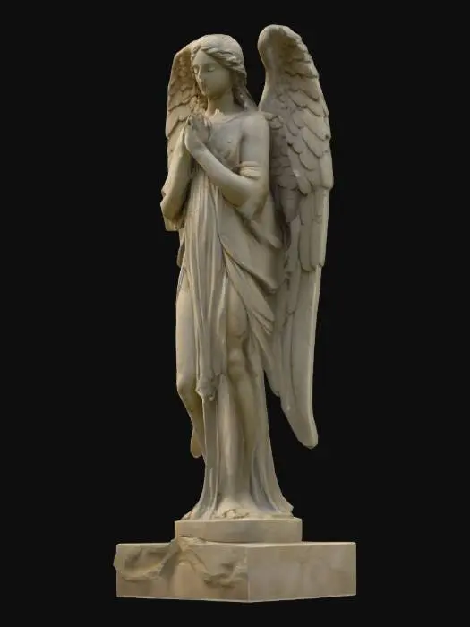 3D model for Ancient stone angel statue with folded feathered wings, standing upright in a solemn pose. One arm is lowered, the other rests near the chest. Wears a subtle headpiece; face is serene and expressionless. Sculpted in a weathered, cracked stone style with visible chisel marks. Realistic proportions, classical symmetry, low resolution texture (ps2 style block) semi-lowpoly Style: ps2, gothic, aged, sacred, matte finish. No base or environment included.