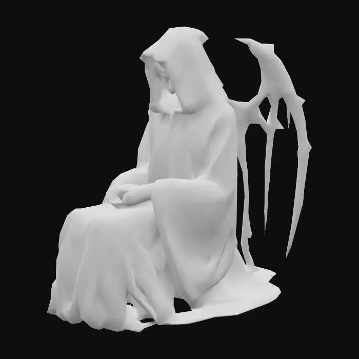 3D model for Grim reaper, sitting with a cup of tea in his lap. Needs to have this hands wrapped around the tea cup. Hood over his face.