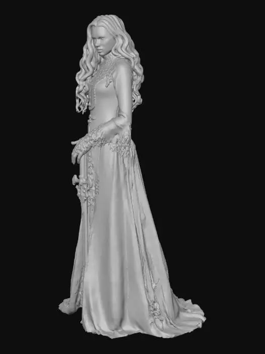 3D model for #villain#, Высокая, аристократическая фигура, одетая в роскошные, но слегка обветшавшие одеяния из темно-фиолетового бархата и черного кружева, с текстурой, напоминающей увядшее величие. Её кожа неестественно бледная и натянутая, подчеркивающая острые, угловатые черты лица и жестокое, тонкогубое выражение. Темные, длинные, вьющиеся волосы чуть ниже плеч. Пальцы длинные и тонкие, с идеально ухоженными, неестественно острыми ногтями, намекающими на скрытую угрозу. В одной руке держит богато украшенный кинжал