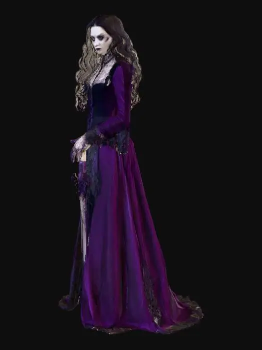 3D model for #villain#, Высокая, аристократическая фигура, одетая в роскошные, но слегка обветшавшие одеяния из темно-фиолетового бархата и черного кружева, с текстурой, напоминающей увядшее величие. Её кожа неестественно бледная и натянутая, подчеркивающая острые, угловатые черты лица и жестокое, тонкогубое выражение. Темные, длинные, вьющиеся волосы чуть ниже плеч. Пальцы длинные и тонкие, с идеально ухоженными, неестественно острыми ногтями, намекающими на скрытую угрозу. В одной руке держит богато украшенный кинжал