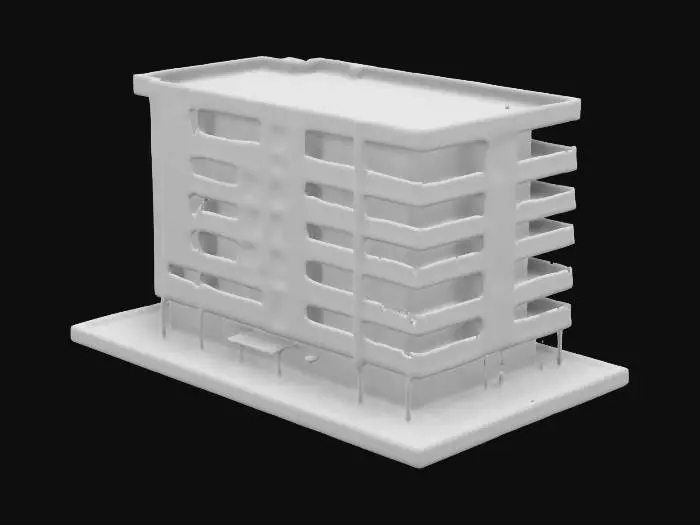 3D model for Single modern beachfront apartment building in 2D style. 6-story structure with clean geometric design, featuring stacked balconies and large windows. White exterior with pastel accents and strong shadow details. Simple architectural style with minimal decorative elements. Clean line art showing one building facade with dramatic shading against solid background.