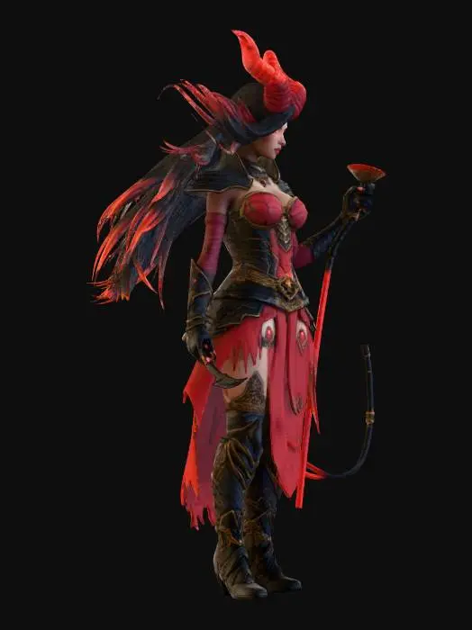 3D model for dark fantasy female demon warrior-sorceress, standing in an epic pose, long black flowing hair, elegant crimson horns, glowing red eyes, wearing detailed molten black and red armor with fiery runes, flames flowing through armor veins, one hand holding a blazing fire whip made of molten energy, the other channeling infernal magic, long tattered skirt with metal ornaments, armored boots on cracked volcanic ground glowing with lava, surrounded by embers and heat distortion, cinematic lighting, extremely detailed, high resolution texture, epic stance