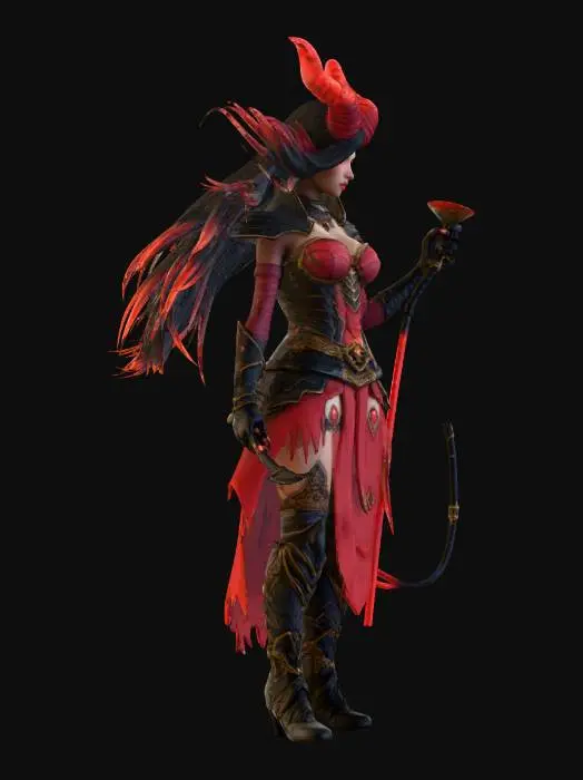 3D model for dark fantasy female demon warrior-sorceress, standing in an epic pose, long black flowing hair, elegant crimson horns, glowing red eyes, wearing detailed molten black and red armor with fiery runes, flames flowing through armor veins, one hand holding a blazing fire whip made of molten energy, the other channeling infernal magic, long tattered skirt with metal ornaments, armored boots on cracked volcanic ground glowing with lava, surrounded by embers and heat distortion, cinematic lighting, extremely detailed, high resolution texture, epic stance
