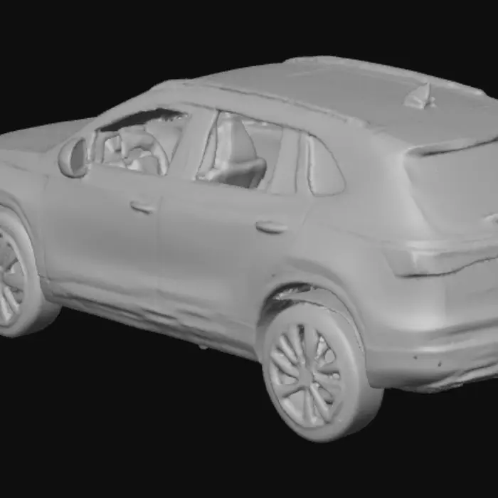 3D model for A sleek, symmetrical dark grey SUV, viewed from the side, features dazzling diamond headlights and running lights. Its detailed interior displays eight plush tan leather car seats, a modern dashboard, and a soft floor. The roof incorporates a moonroof with the rest being opaque. A small metallic logo of a pink rose atop a vertical 'goldenrod' bar adorns the hood and wheels.