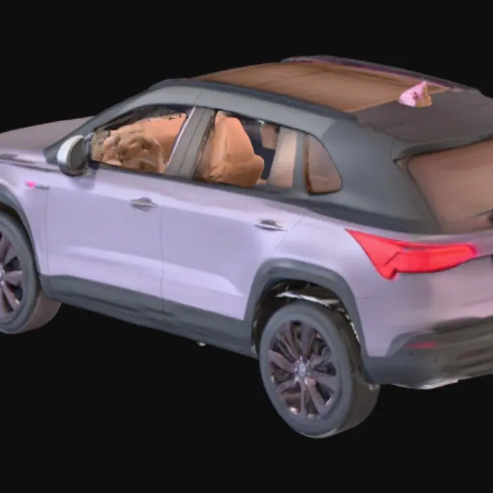 3D model for A sleek, symmetrical dark grey SUV, viewed from the side, features dazzling diamond headlights and running lights. Its detailed interior displays eight plush tan leather car seats, a modern dashboard, and a soft floor. The roof incorporates a moonroof with the rest being opaque. A small metallic logo of a pink rose atop a vertical 'goldenrod' bar adorns the hood and wheels.