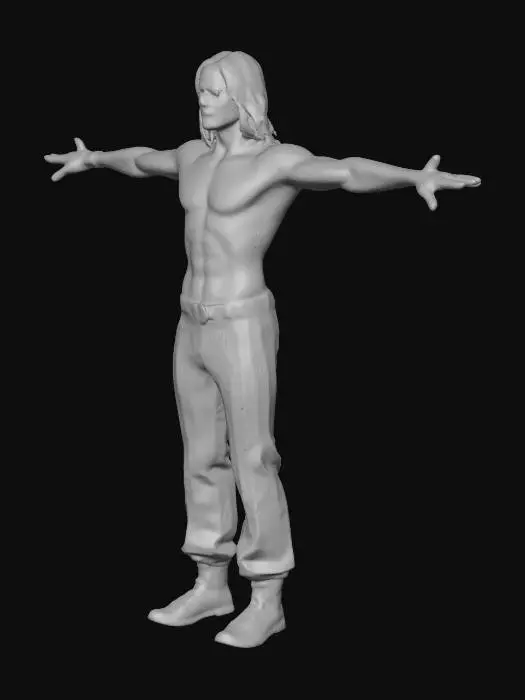 3D model for "Generate a highly detailed, realistic 3D micheal jackson character in a T-pose, inspired by an iconic 1980s pop performer. The character has medium brown skin, defined cheekbones, a slim and athletic build with visible upper body muscle definition, and long curly black hair falling to the shoulders. He is shirtless, wearing only black pants with a shiny silver stripe down the sides, white socks, and black loafers. The pose is a standard T-pose for rigging, and the facial expression should be neutral but confident.