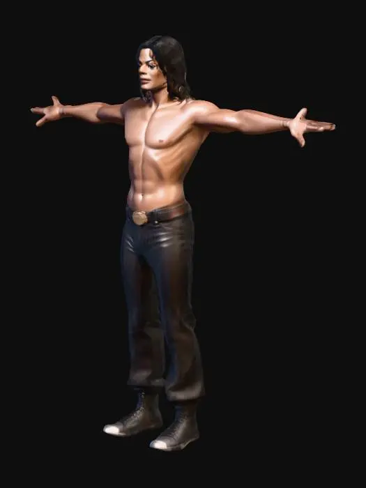 3D model for "Generate a highly detailed, realistic 3D micheal jackson character in a T-pose, inspired by an iconic 1980s pop performer. The character has medium brown skin, defined cheekbones, a slim and athletic build with visible upper body muscle definition, and long curly black hair falling to the shoulders. He is shirtless, wearing only black pants with a shiny silver stripe down the sides, white socks, and black loafers. The pose is a standard T-pose for rigging, and the facial expression should be neutral but confident.