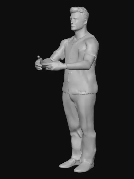 3D model for Create a realistic 3D character inspired by a 1960s Alcatraz escapee. The character is a lean, sharp-featured man in his mid-30s with a narrow face, high cheekbones, short dark hair, and an intense, intelligent expression. His appearance should suggest a tough, resourceful personality. He is wearing a worn black-and-white striped prison uniform with matching pants and plain work shoes. Ensure the character has five fingers on each hand with accurate anatomy. Use gritty, dramatic lighting, subtle shadows, and a tense atmosphere. Provide a full-body turnaround with detailed textures and high realism.