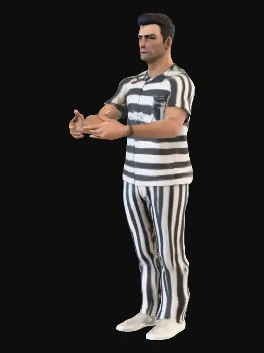 3D model for Create a realistic 3D character inspired by a 1960s Alcatraz escapee. The character is a lean, sharp-featured man in his mid-30s with a narrow face, high cheekbones, short dark hair, and an intense, intelligent expression. His appearance should suggest a tough, resourceful personality. He is wearing a worn black-and-white striped prison uniform with matching pants and plain work shoes. Ensure the character has five fingers on each hand with accurate anatomy. Use gritty, dramatic lighting, subtle shadows, and a tense atmosphere. Provide a full-body turnaround with detailed textures and high realism.