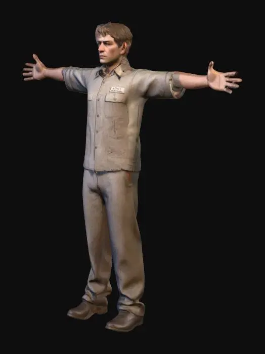3D model for “Create a hyper-realistic, cinematic 3D character inspired by a 1960s Alcatraz escapee. The character is a lean man in his early 30s with short light brown hair, a narrow jawline, defined cheekbones, and a focused, determined gaze that reflects quiet resilience. His skin shows subtle signs of hardship—fine lines, slight weathering, and natural imperfections.

He is wearing a worn black-and-white striped prison uniform with realistic fabric texture, faint fraying at the seams, and natural folds. Include sturdy, plain work shoes. Ensure anatomically accurate hands with five fingers on each hand.