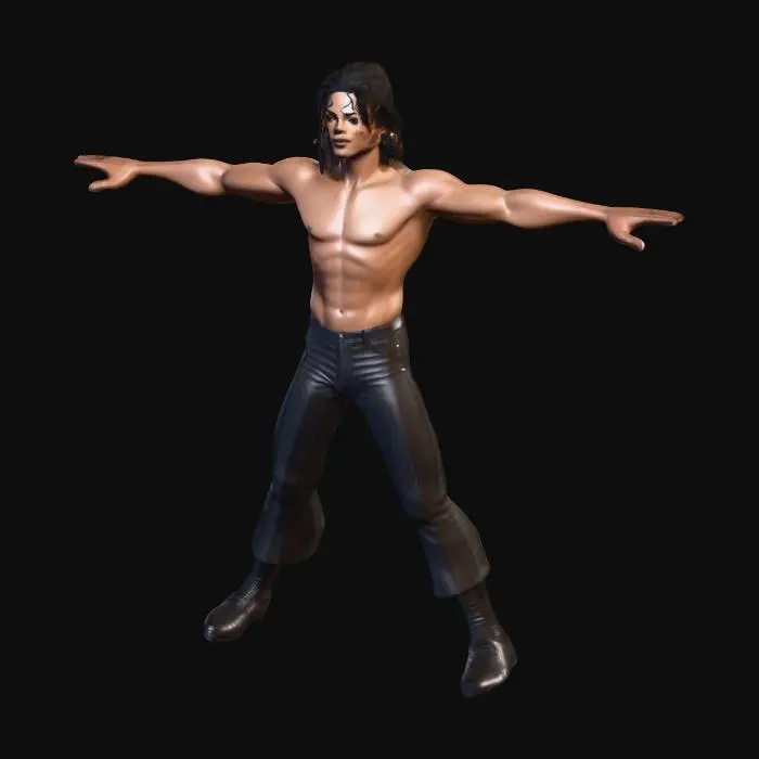 3D model for "Generate a highly detailed, realistic 3D micheal jackson character in a T-pose, inspired by an iconic 1980s pop performer. The character has medium brown skin, defined cheekbones, a slim and athletic build with visible upper body muscle definition, and long curly black hair falling to the shoulders. He is shirtless, wearing only black pants with a shiny silver stripe down the sides, white socks, and black loafers. The pose is a standard T-pose for rigging, and the facial expression should be neutral but confident.
