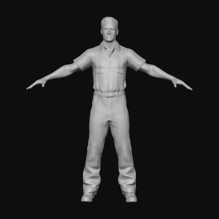 3D model for Create a realistic 3D character inspired by a 1960s Alcatraz escapee. The character is a lean, sharp-featured man in his mid-30s with a narrow face, high cheekbones, short dark hair, and an intense, intelligent expression. His appearance should suggest a tough, resourceful personality. He is wearing a worn black-and-white striped prison uniform with matching pants and plain work shoes. Ensure the character has five fingers on each hand with accurate anatomy. Use gritty, dramatic lighting, subtle shadows, and a tense atmosphere. Provide a full-body turnaround with detailed textures and high realism.
