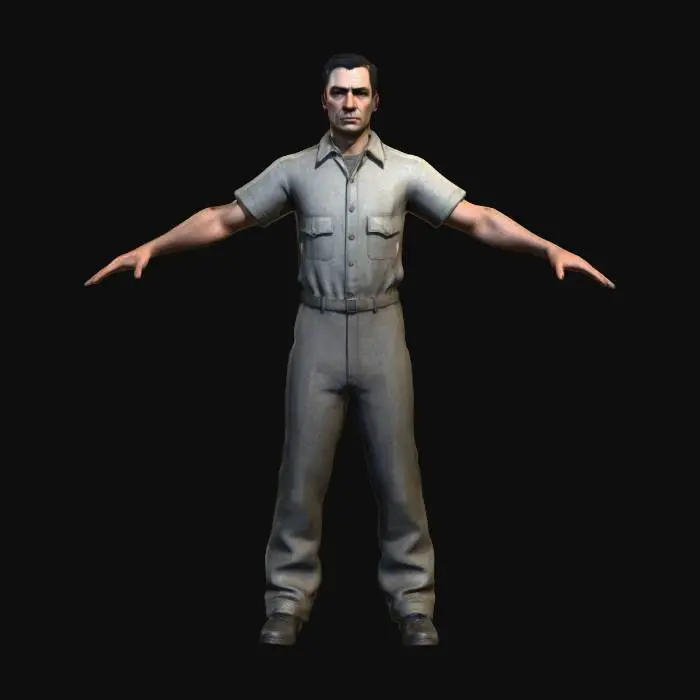 3D model for Create a realistic 3D character inspired by a 1960s Alcatraz escapee. The character is a lean, sharp-featured man in his mid-30s with a narrow face, high cheekbones, short dark hair, and an intense, intelligent expression. His appearance should suggest a tough, resourceful personality. He is wearing a worn black-and-white striped prison uniform with matching pants and plain work shoes. Ensure the character has five fingers on each hand with accurate anatomy. Use gritty, dramatic lighting, subtle shadows, and a tense atmosphere. Provide a full-body turnaround with detailed textures and high realism.