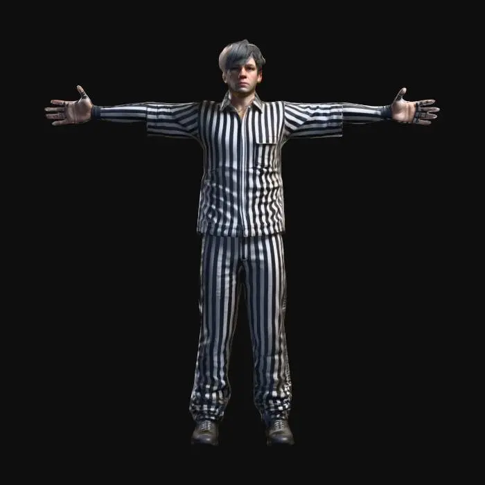 3D model for “Create a hyper-realistic, cinematic 3D character inspired by a 1960s Alcatraz escapee. The character is a lean man in his early 30s with short light brown hair, a narrow jawline, defined cheekbones, and a focused, determined gaze that reflects quiet resilience. His skin shows subtle signs of hardship—fine lines, slight weathering, and natural imperfections.
He is wearing a worn black-and-white striped prison uniform with realistic fabric texture, faint fraying at the seams, and natural folds. Include sturdy, plain work shoes. Ensure anatomically accurate hands with five fingers on each hand.