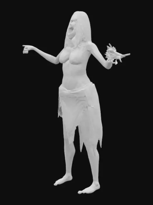 3D model for SCARY GHOST WOMAN TORN CLOTHES SCARY FACE WAND HAS BLOOD ALL OVER HER AND SHE HAS 1 HAND WITH SKELETON FINGERS AND WIDE OPEN MAW AND SHE IS T POSING ALL BODY PARTS VISIBLE AND NO LONG CLOTHES WEARING A SHORT SKIRT TORN FROM BOTTOM