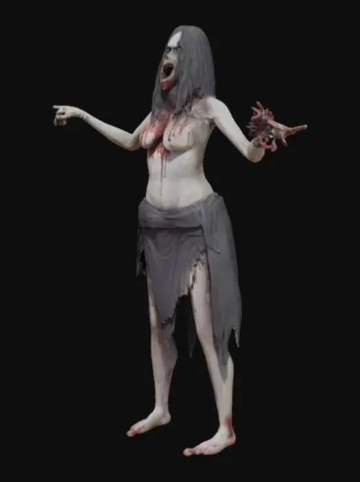 3D model for SCARY GHOST WOMAN TORN CLOTHES SCARY FACE WAND HAS BLOOD ALL OVER HER AND SHE HAS 1 HAND WITH SKELETON FINGERS AND WIDE OPEN MAW AND SHE IS T POSING ALL BODY PARTS VISIBLE AND NO LONG CLOTHES WEARING A SHORT SKIRT TORN FROM BOTTOM