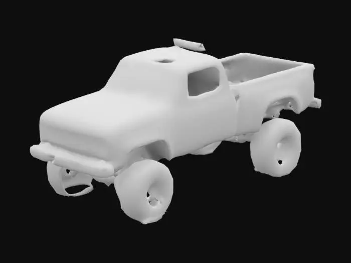 3D model for пикап с большими колёсами, старенький, в некоторых местах потёртости, дырки от пуль, выхлопная труба рядом с крышей, есть 1 небольшая вмятина на заднем бампере, треснутое лобовое стекло