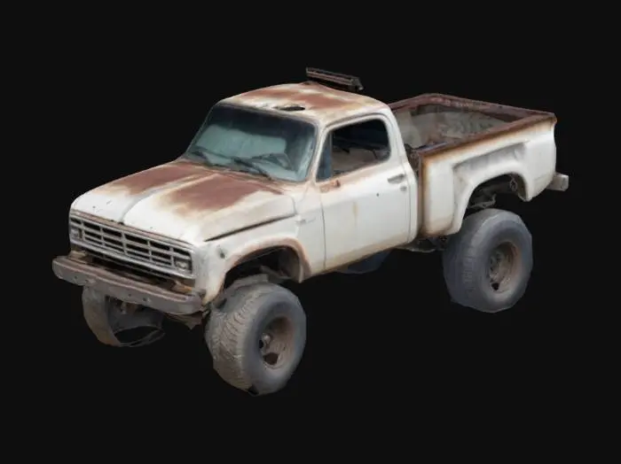 3D model for пикап с большими колёсами, старенький, в некоторых местах потёртости, дырки от пуль, выхлопная труба рядом с крышей, есть 1 небольшая вмятина на заднем бампере, треснутое лобовое стекло