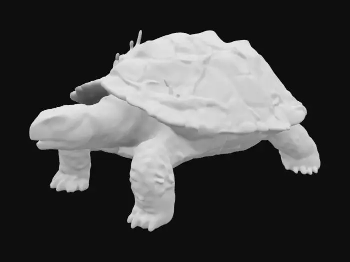 3D model for A giant tortoise named Morla pokes its head out of its shell and looks menacingly, it is very old and is covered in vegetation, grass and branches.
