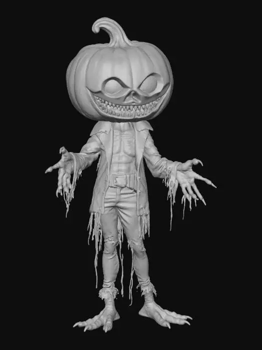 3D model for Grotesque Halloween creature with jack-o’-lantern pumpkin head, glowing demonic eyes, cracked burnt surface, twisted black horns, satanic runes, stitched pale skin, exposed muscles, bone claws, jagged spine spikes, wet slimy PBR textures, cinematic horror lighting, AAA game asset quality, full-body T-pose.