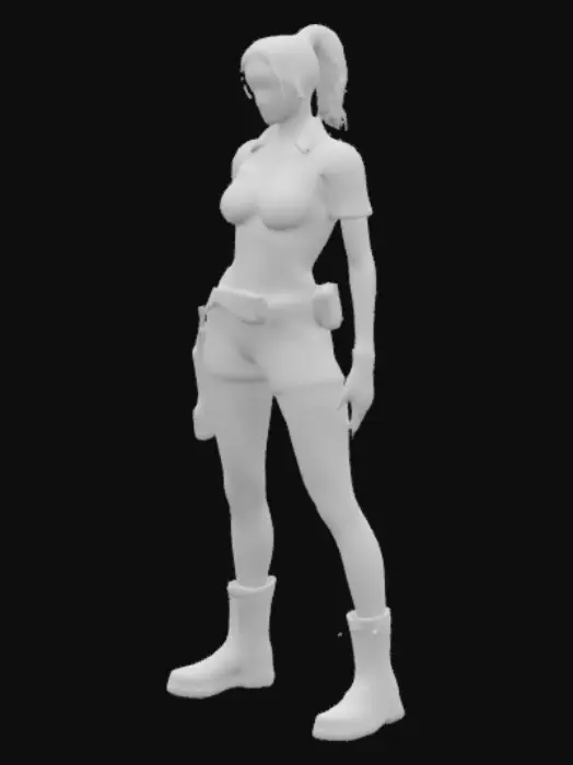 3D model for Beautiful and sexy Caucasian woman, long thick legs, curvy and voluptuous body, well endowed, long ruby red hair pulled back in a ponytail, beautiful face, flawless skin, bright sapphire blue eyes, full pouty lips, wearing a navy blue city patrol officer shirt with a shiny gold badge, big black police utility belt with corded walkie talkie attached across her chest, black leather gun holster with a pink sig 9mm pistol in it, tight navy blue short shorts black leather combat boots with gold laces