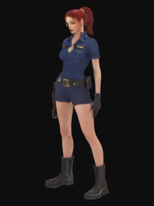 3D model for Beautiful and sexy Caucasian woman, long thick legs, curvy and voluptuous body, well endowed, long ruby red hair pulled back in a ponytail, beautiful face, flawless skin, bright sapphire blue eyes, full pouty lips, wearing a navy blue city patrol officer shirt with a shiny gold badge, big black police utility belt with corded walkie talkie attached across her chest, black leather gun holster with a pink sig 9mm pistol in it, tight navy blue short shorts black leather combat boots with gold laces