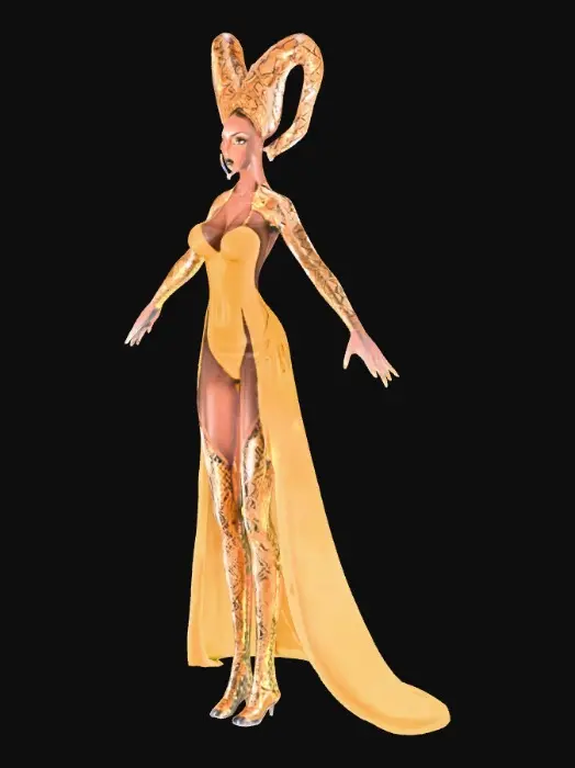 3D model for a tall and voluptuous woman with smooth milk chocolate colored skin, big and bright hazel eyes with long curled lashes, cute nose and full lips, arched eyebrows, Egyptian hieroglyph tattoos all over, wearing gold snakeskin plunging neckline cropped contoured top, and gold snakeskin leggings, black snakeskin knee high boots with gold accents, baby fur de lance vipers in place of her hair
