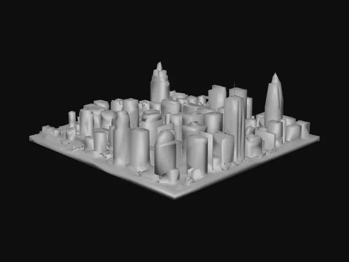 3D model for Un intera città in stile americano. Con palazzi alti, grattaceli e strade con semafori. L’intera città deve essere appoggiata su un piano dove si trovano le strade. Devono essere 40 palazzi tutti diversi con immezzo le strade.
