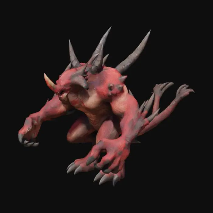 3D model for Demon, red skin, rocks on the spine, claws, muscular