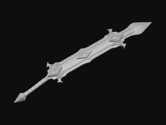 3D model for Stylised divine fantasy greatsword inspired by anime-style RPGs, massive broad blade with exaggerated proportions, glowing orange energy core running through the center, ornate gold and white celestial details, floating rune engravings, clean symmetrical design, heroic proportions, low-poly game-ready asset, clean topology, single object, PBR textures, isolated on neutral background