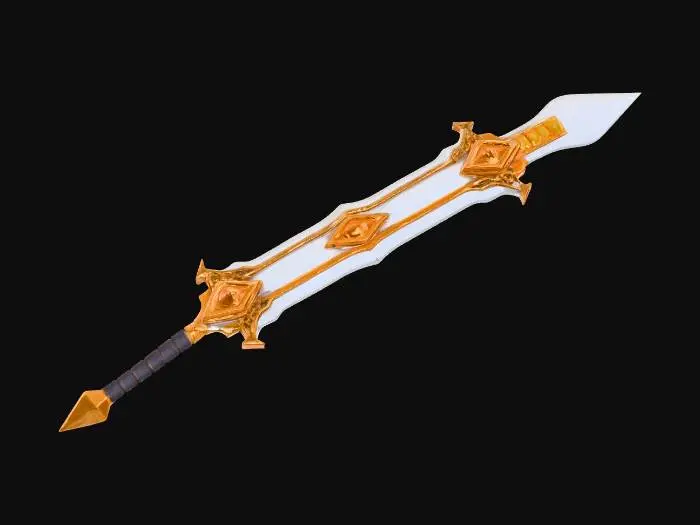 3D model for Stylised divine fantasy greatsword inspired by anime-style RPGs, massive broad blade with exaggerated proportions, glowing orange energy core running through the center, ornate gold and white celestial details, floating rune engravings, clean symmetrical design, heroic proportions, low-poly game-ready asset, clean topology, single object, PBR textures, isolated on neutral background