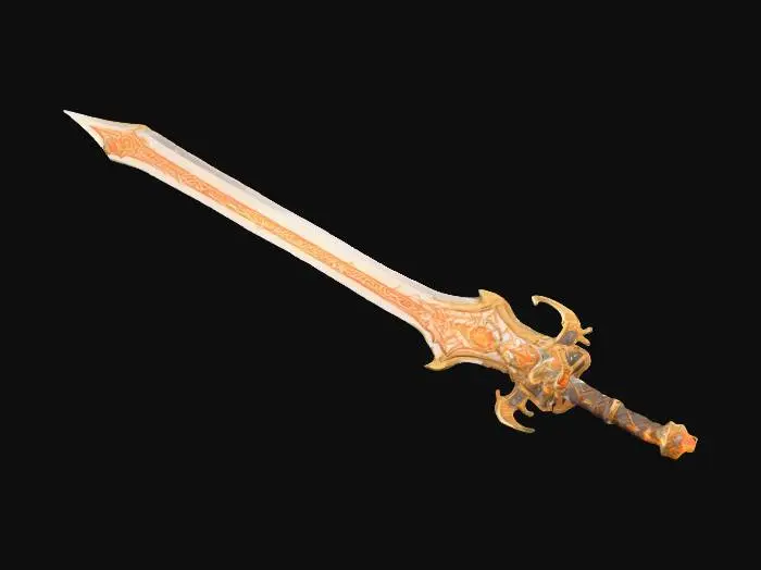 3D model for Stylised divine fantasy greatsword inspired by anime-style RPGs, massive broad blade with exaggerated proportions, glowing orange energy core running through the center, ornate gold and white celestial details, floating rune engravings, clean symmetrical design, heroic proportions, low-poly game-ready asset, clean topology, single object, PBR textures, isolated on neutral background