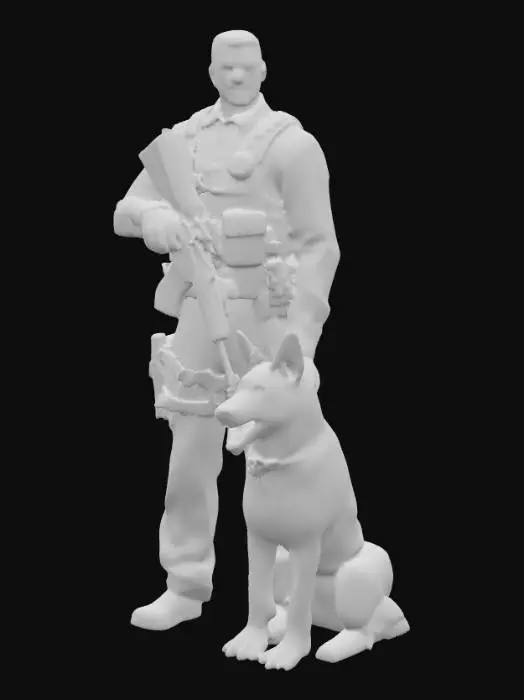 3D model for Create a secret service k9 officer with a police dog ,realistic  ,armed, Detailed textures,  hard surface Extreme detail 