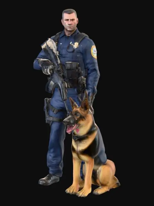 3D model for Create a secret service k9 officer with a police dog ,realistic  ,armed, Detailed textures,  hard surface Extreme detail 