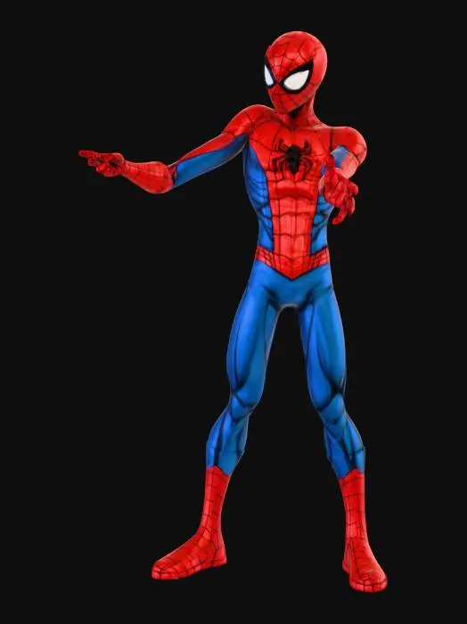 3D model for Stylized 3D model of Spider-Man, Spider-Verse art style, vibrant red and deep blue colors, thick ink outlines, comic book halftone dot textures, expressive large eyes, lean and agile body proportions, neutral T-pose, high contrast, cel-shaded look, 4k resolution, artistic 3D render.