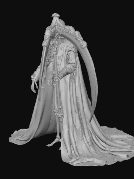 3D model for Величественный скелет горделиво стоит, его отполированные кости мерцают. Он облачен в аристократический, струящийся костюм из белого шелка с элегантными черными элементами и изысканной красной вышивкой, создающей богатую текстуру. В костлявой руке он держит грандиозную косу с древком кроваво-красного цвета, как кровавая луна, с нотками черного, и сверкающим лезвием, излучая царственную осанку и ощущение холодной, но величественной силы.