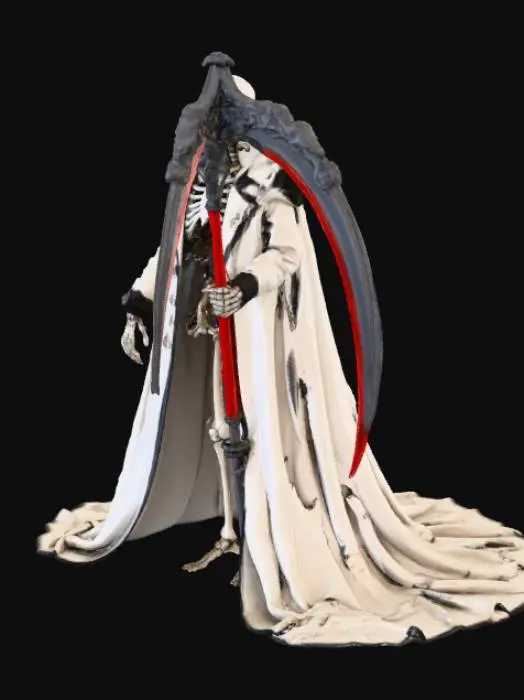 3D model for Величественный скелет горделиво стоит, его отполированные кости мерцают. Он облачен в аристократический, струящийся костюм из белого шелка с элегантными черными элементами и изысканной красной вышивкой, создающей богатую текстуру. В костлявой руке он держит грандиозную косу с древком кроваво-красного цвета, как кровавая луна, с нотками черного, и сверкающим лезвием, излучая царственную осанку и ощущение холодной, но величественной силы.