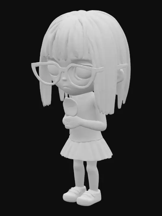3D model for A small, slender girl with a melancholic expression and downcast eyes. She wears oversized, round-rimmed glasses that dominate her face, their dark frames contrasting with her pale skin. Her fine, straight hair falls gently around her shoulders. In one hand, she loosely holds a large, translucent, swirled lollipop on a thin white stick, its glossy surface reflecting the faint light, suggesting a sweet, sticky texture.